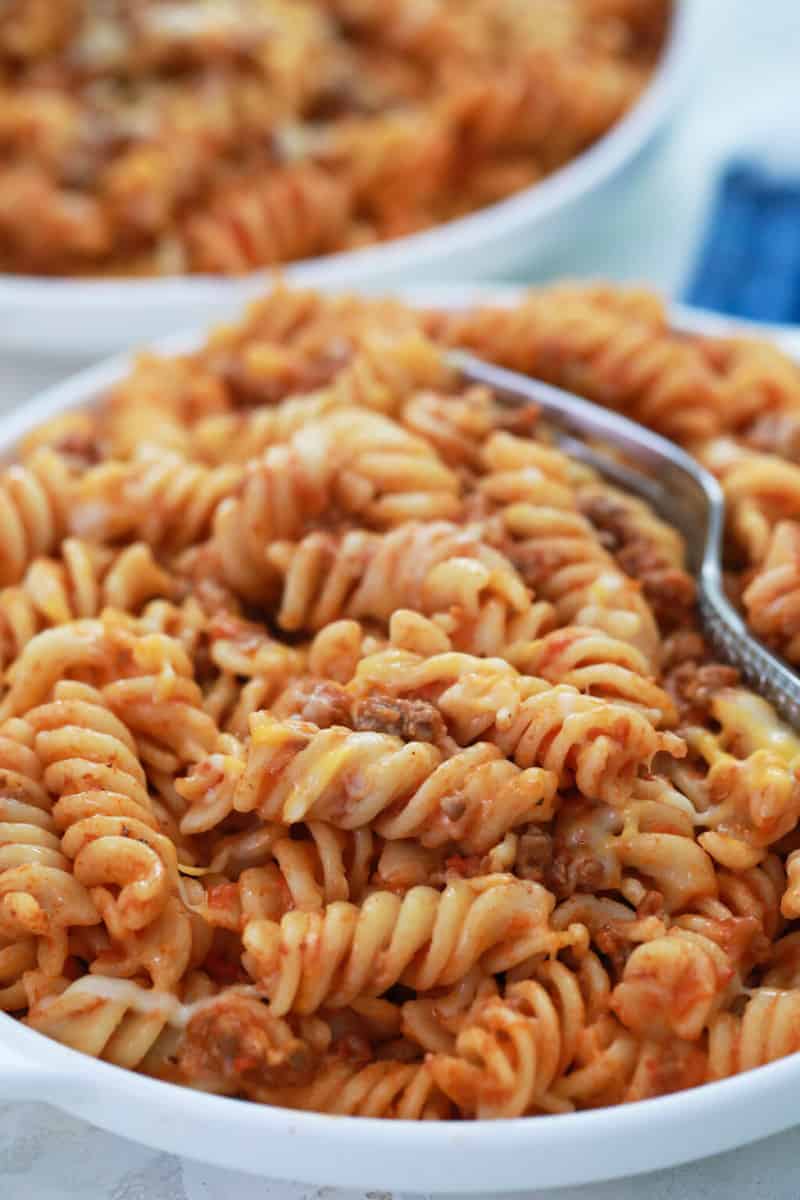 closeup of a bowl of Cheezy Taco Pasta.