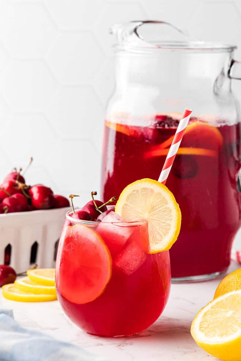 pitcher and glass of Cherry Lemonade.