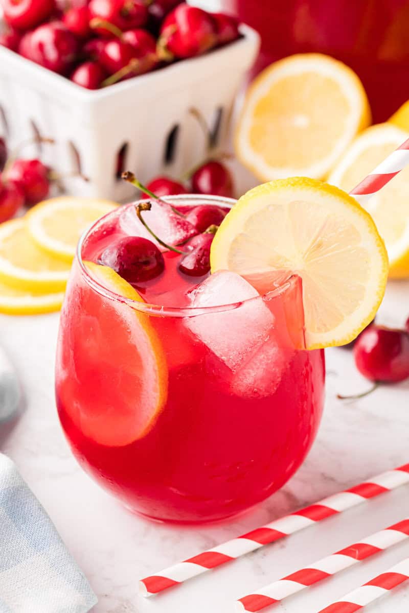 closeup of a glass of cherry lemonade.