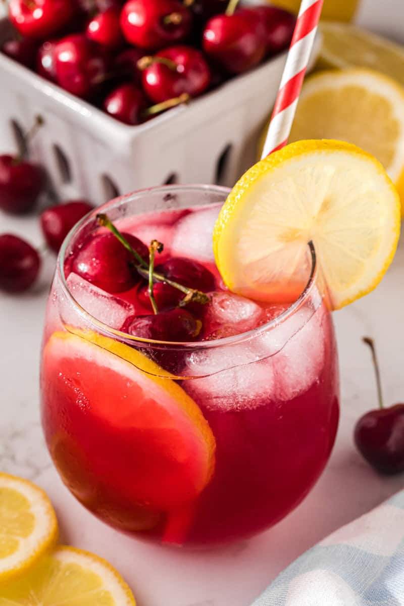 closeup of a glass of cherry lemonade.