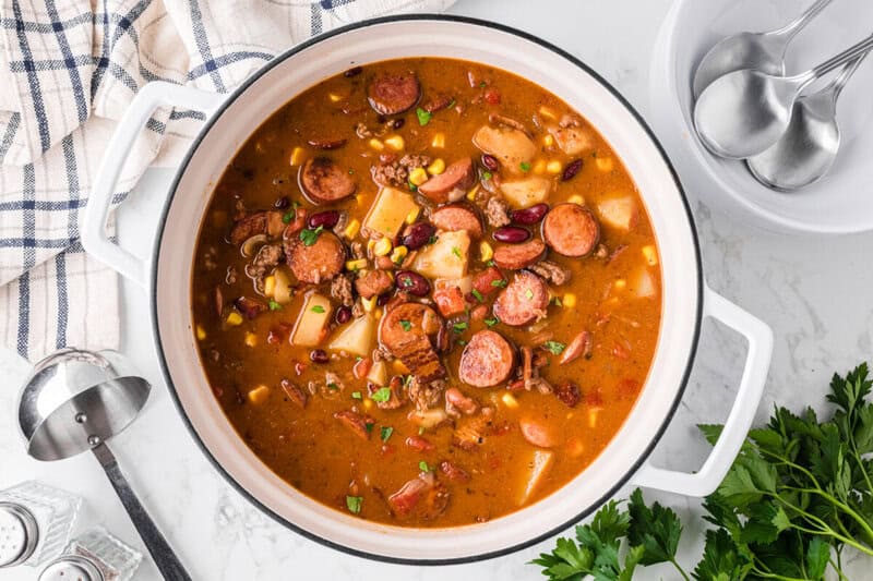 top-down view of the Cowboy Stew in the pot.