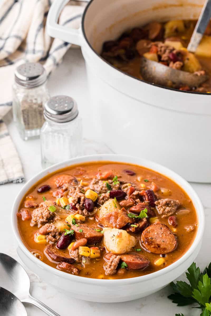 closeup of the Cowboy Stew in a white bowl.