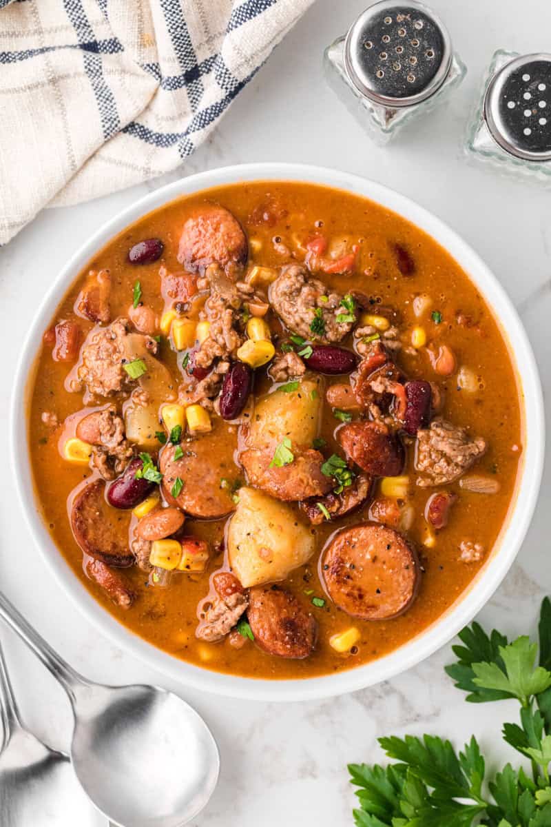 top-down view of Cowboy Stew in white bowl.