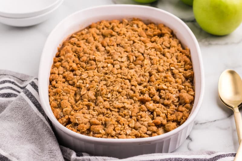 Apple Crisp in white baking dish.