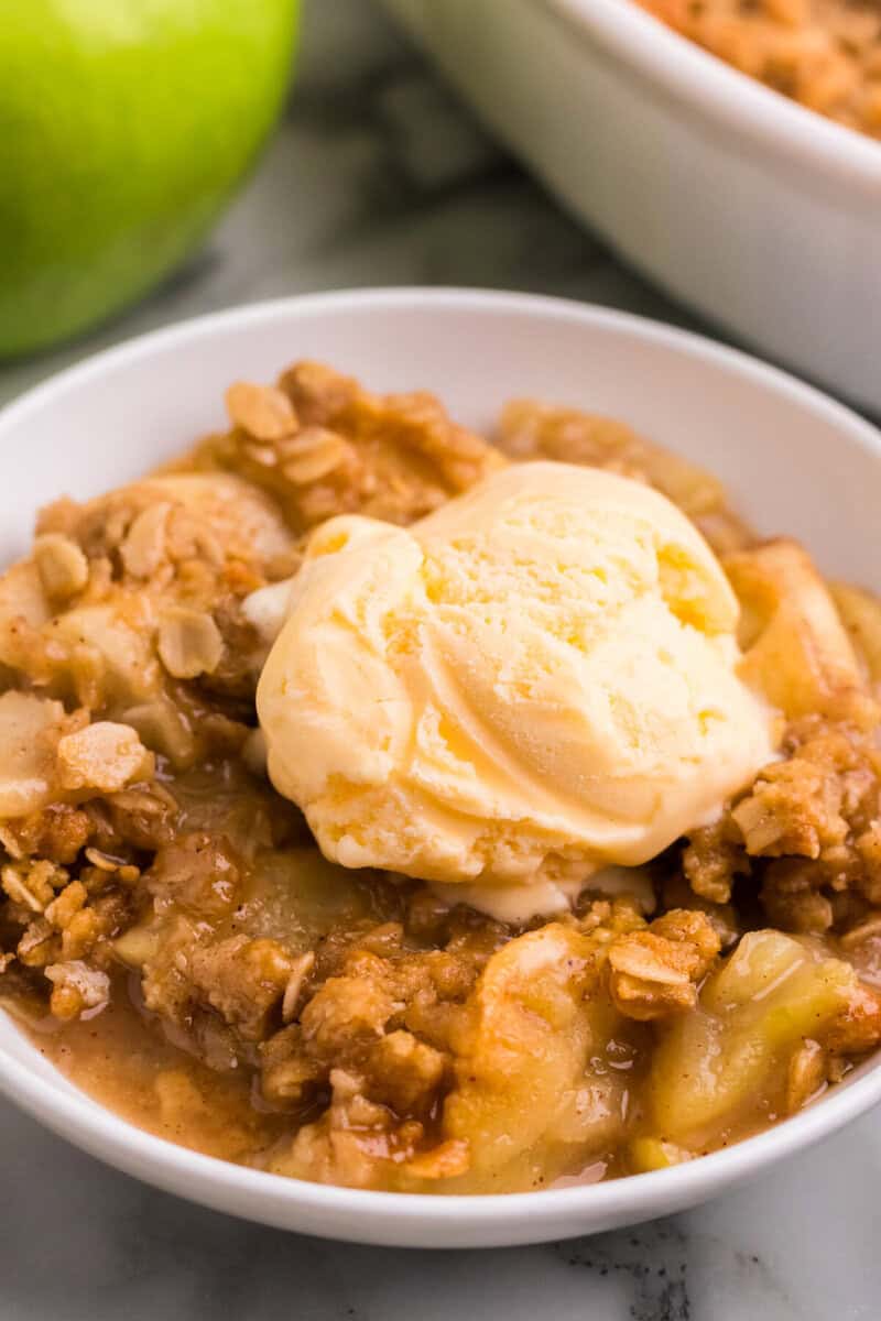 closeup of the Apple Crisp topped with the ice cream.