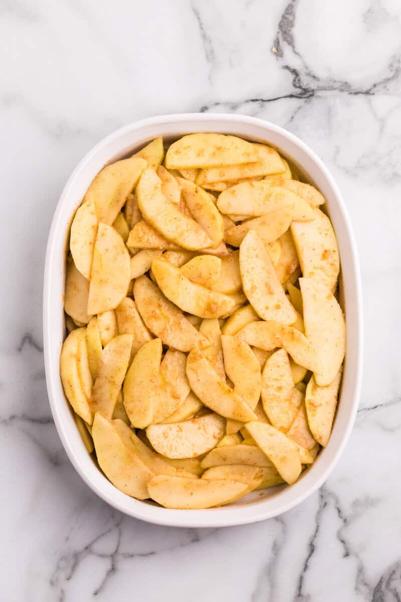 Apples in the bottom of the baking dish.