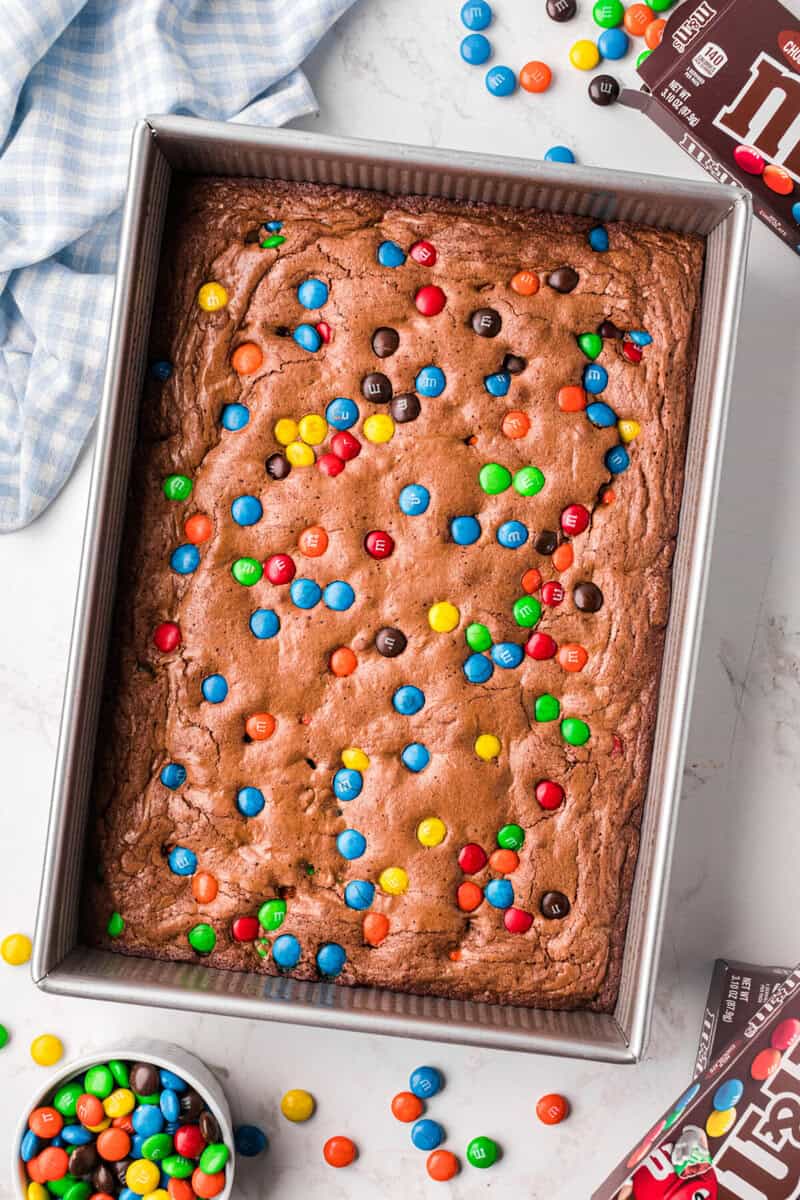 baked M&M Brownies in the pan.