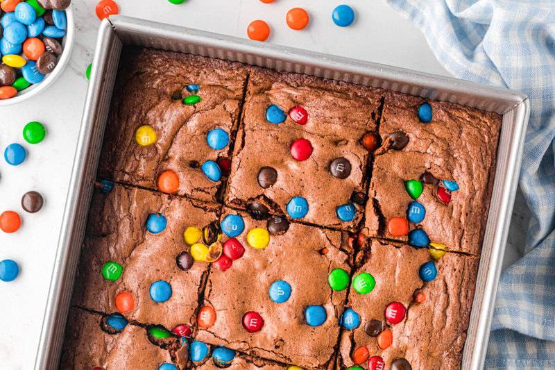 top-down view of the baked M&M Brownies in the pan.