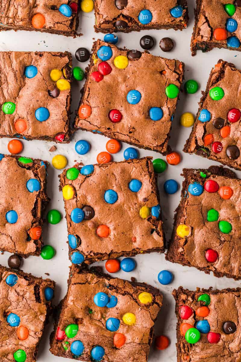 closeup of M&M Brownie squares.