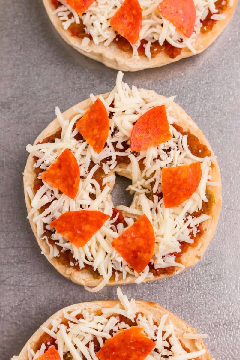 closeup of a pizza bagel.