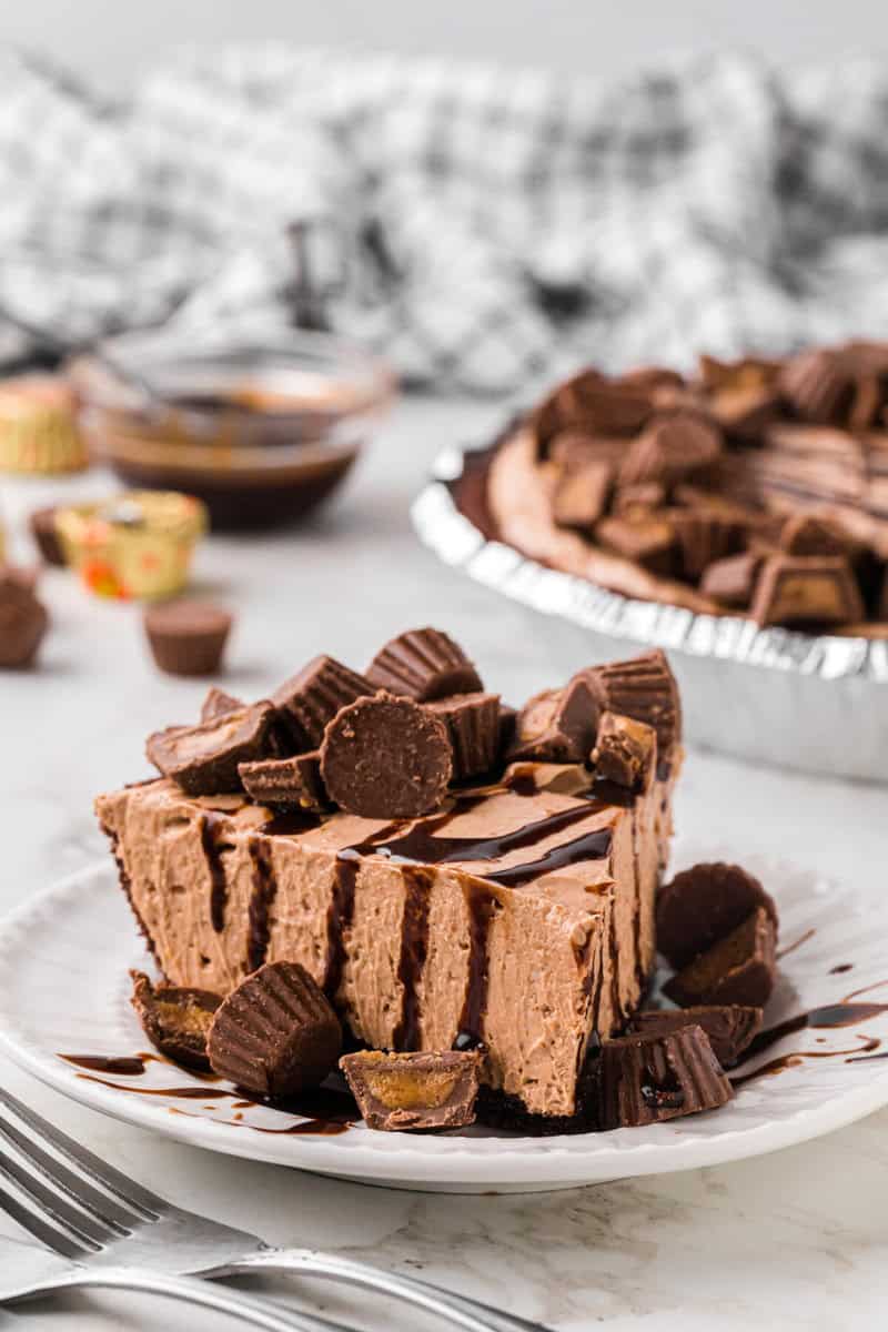 slice of the Reese's Pie on white serving plate.