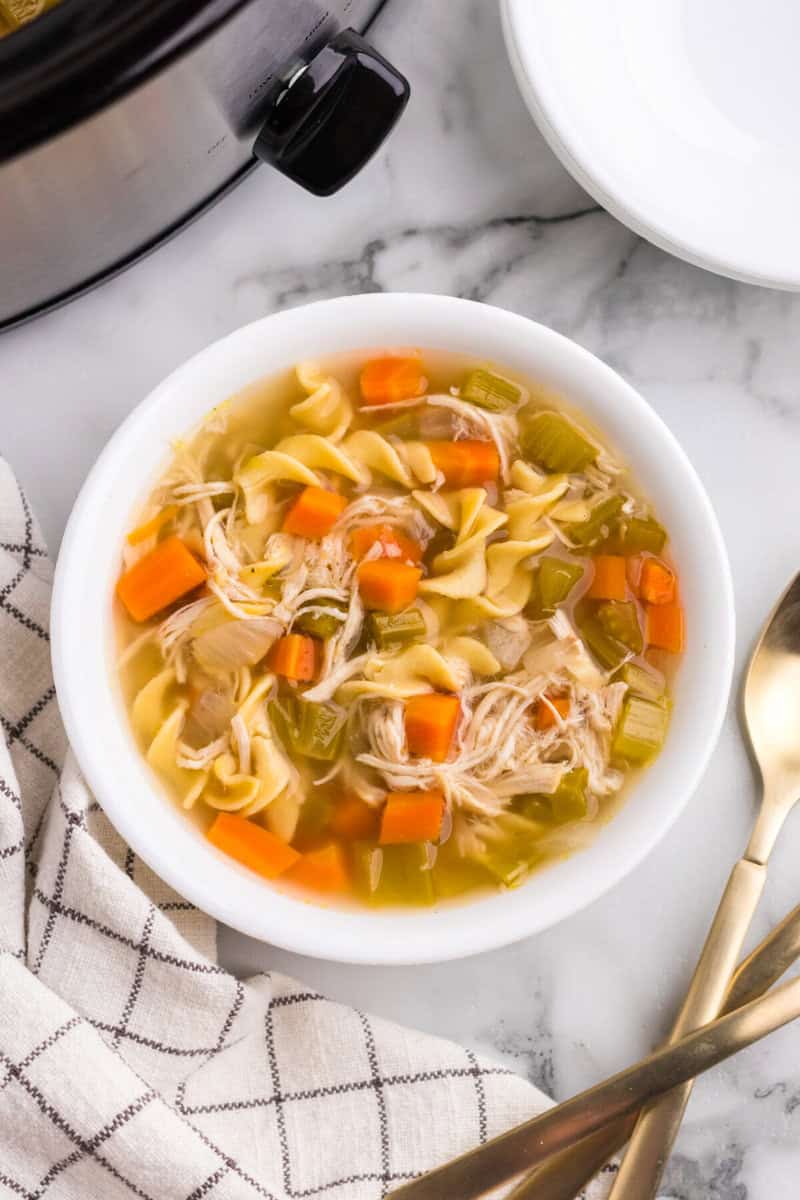 chicken noodle soup in white bowl.
