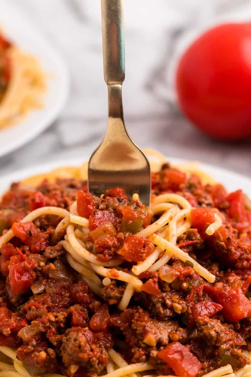 closeup of using a fork to eat the spaghetti.