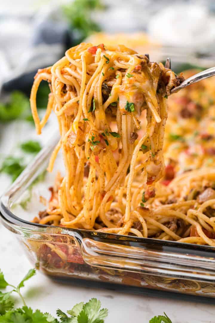 closeup of the Taco Spaghetti in baking dish.