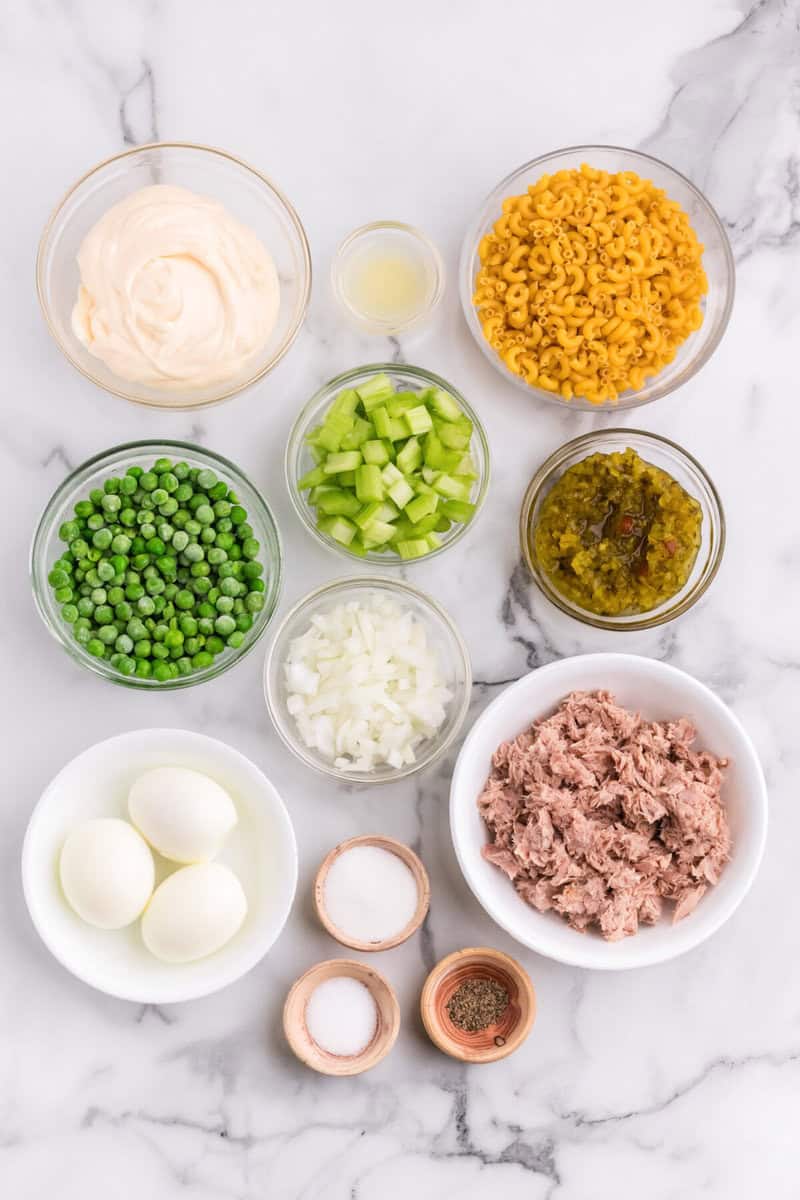 ingredients for the Tuna Macaroni Salad.