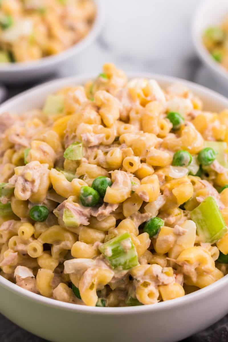 closeup of the Tuna Macaroni Salad in white serving bowl.