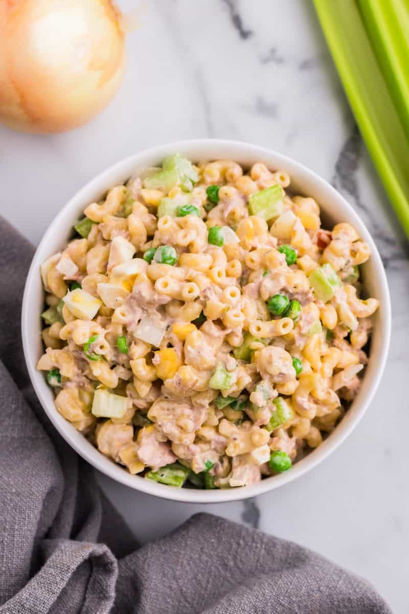 top down view of the Tuna Macaroni Salad.