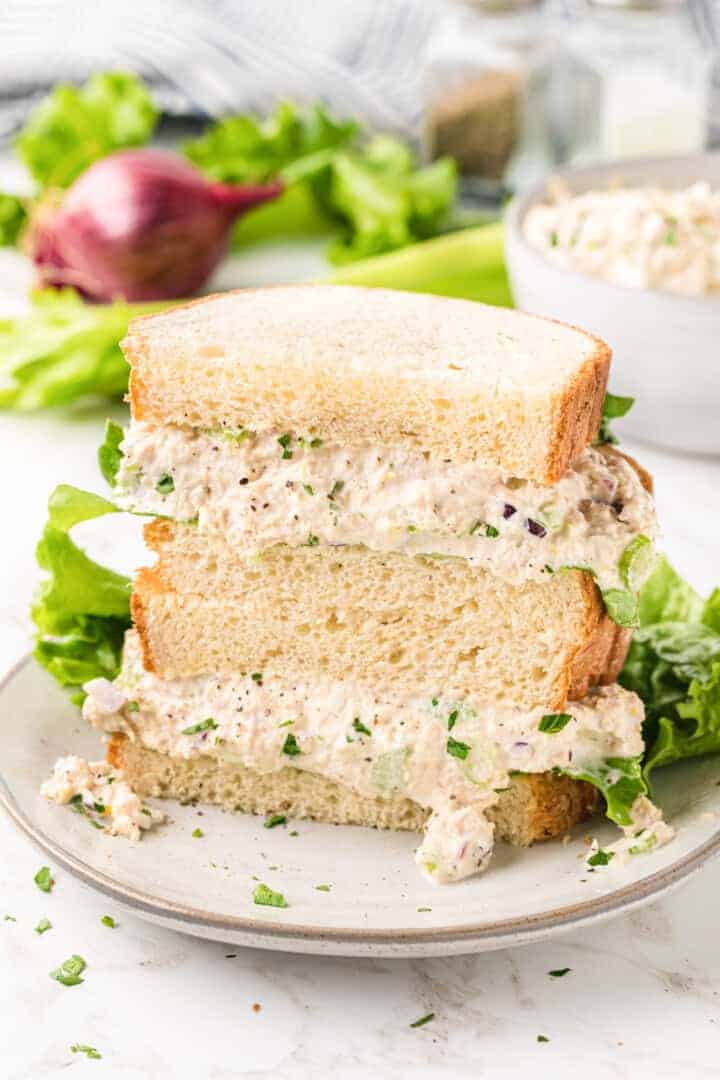 Classic Tuna Salad sandwich on white plate.