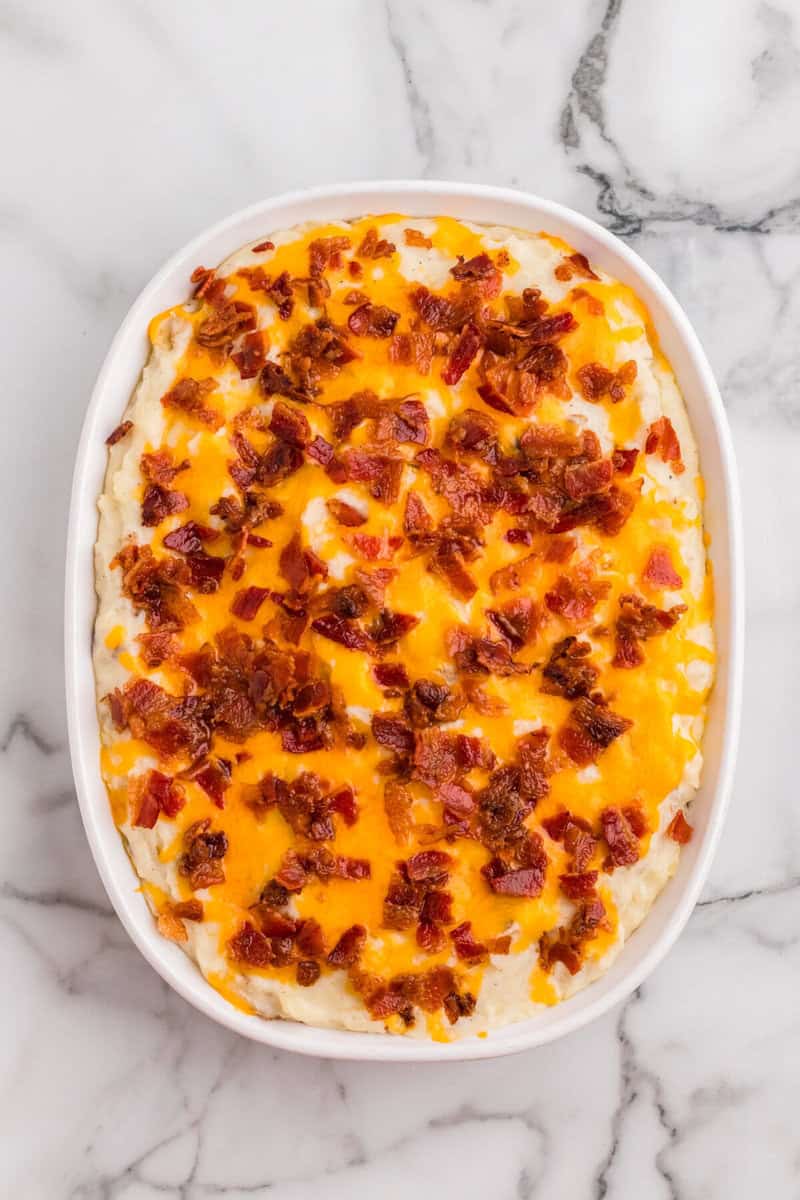 twice baked potatoes in baking dish.