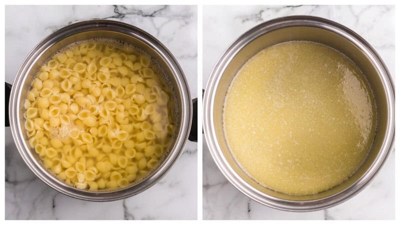 cooking the pasta and making the cheese sauce.