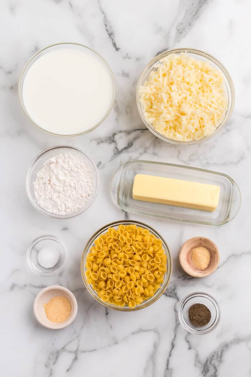 ingredients for the white cheddar mac and cheese.