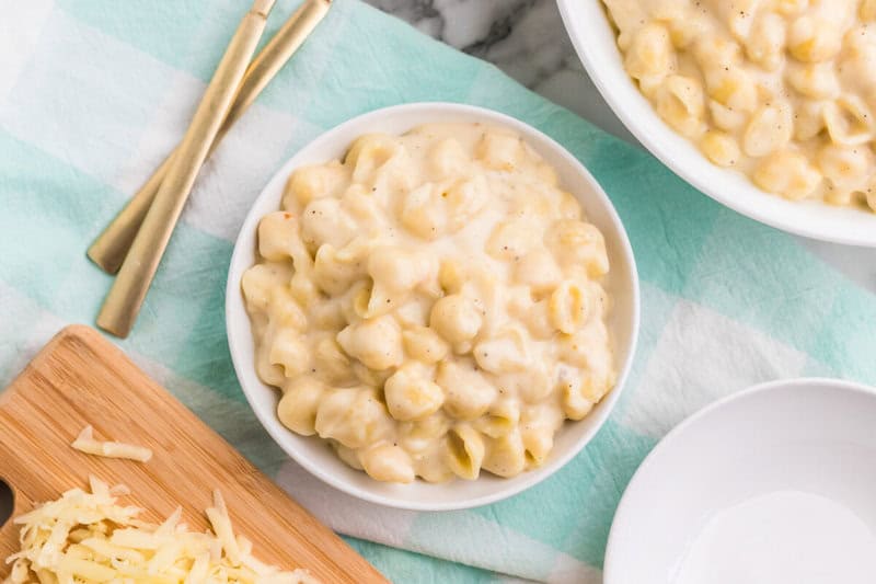 top-down view of the White Cheddar Mac and Cheese in a white bowl.