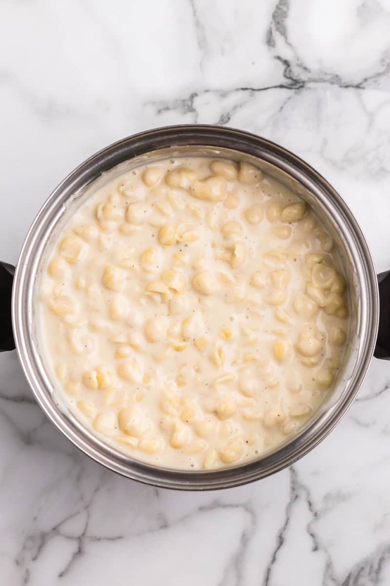 pasta added to the cheese sauce.