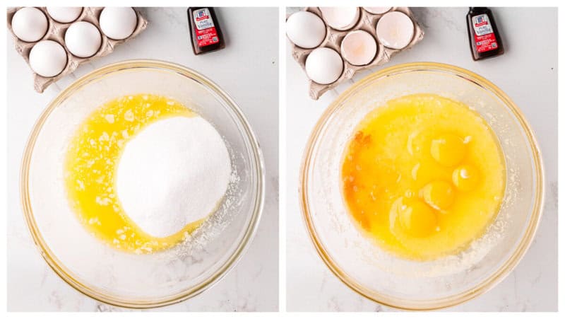 adding the sugar, eggs and vanilla to the melted butter.