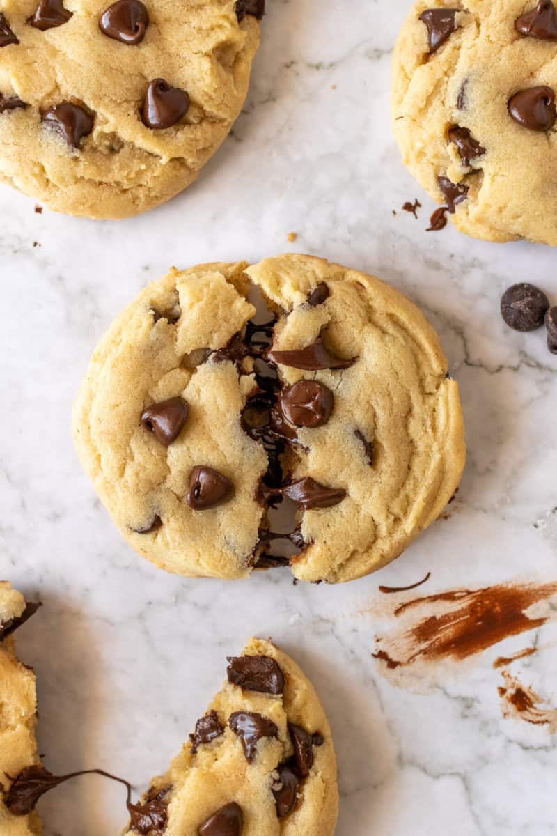 closeup of baked chocolate chip cookies on counter.
