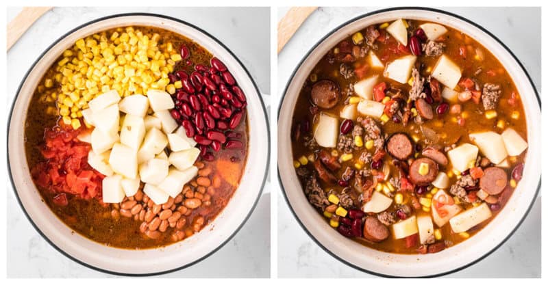 adding the beans, corn, tomatoes, and potatoes to the pot for the stew.