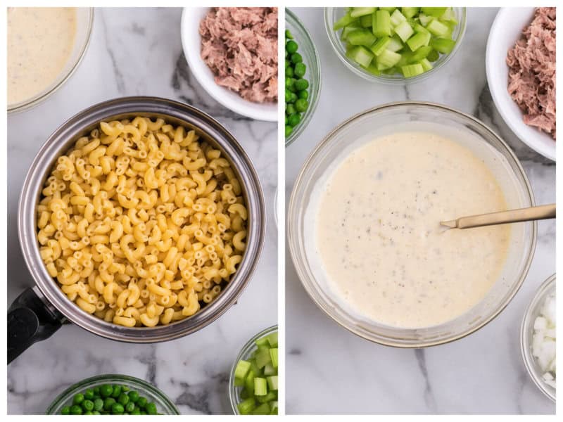 cooked macaroni noodles and the dressing for the macaroni salad.