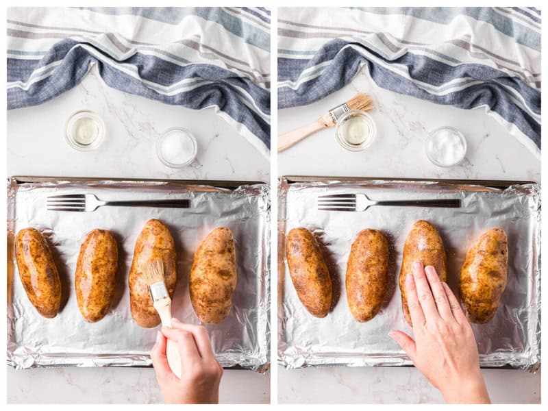 oiling the potatoes and then salting them.