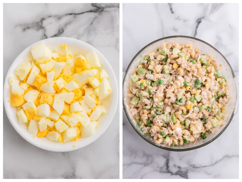 adding the diced hard-boiled eggs to the macaroni salad.