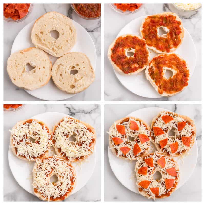 collage of the step by step process of making the pizza bagels.