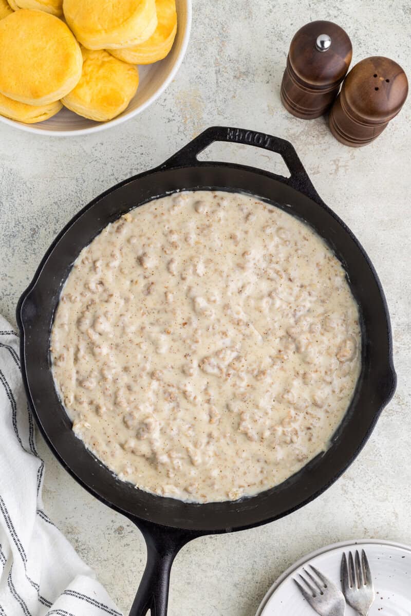 seasoned sausage gravy in the skillet.