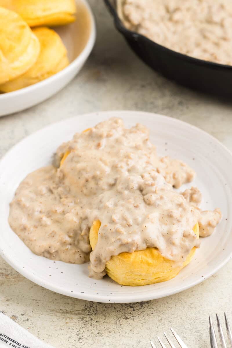 Homemade Sausage gravy on top of biscuits.