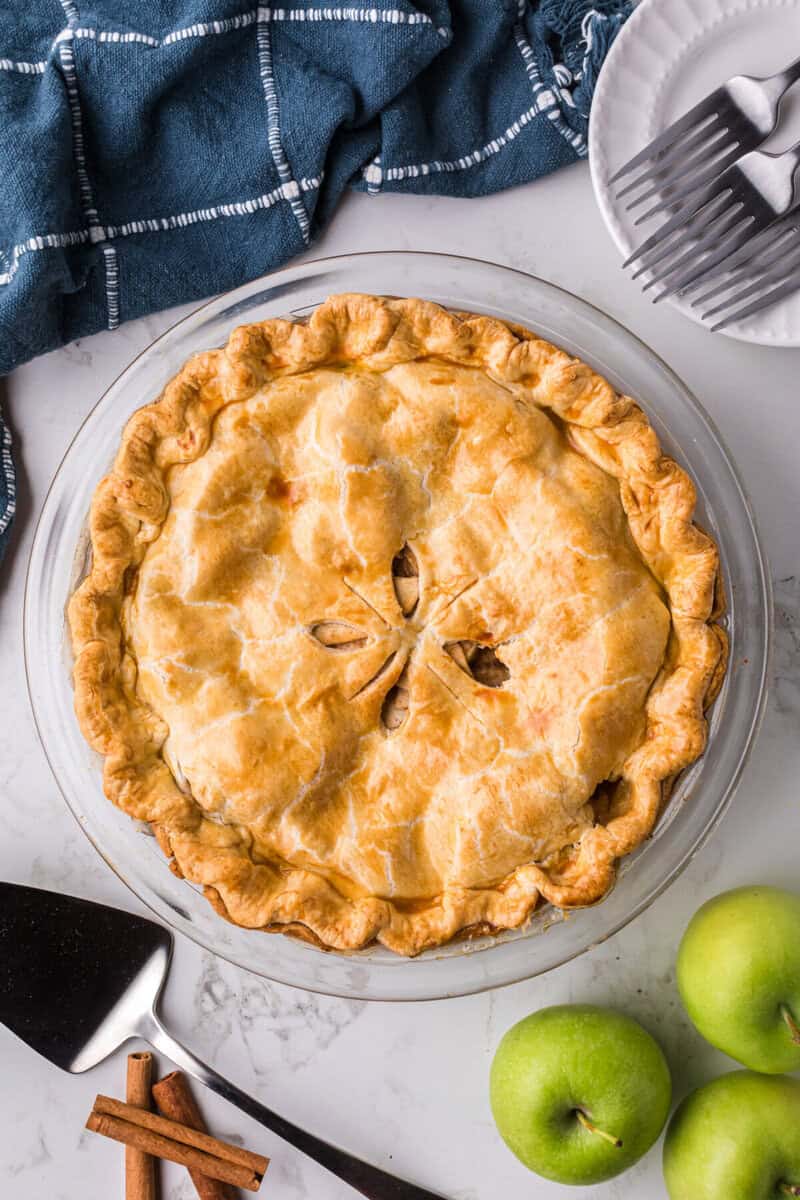 top-down view of the baked apple pie.