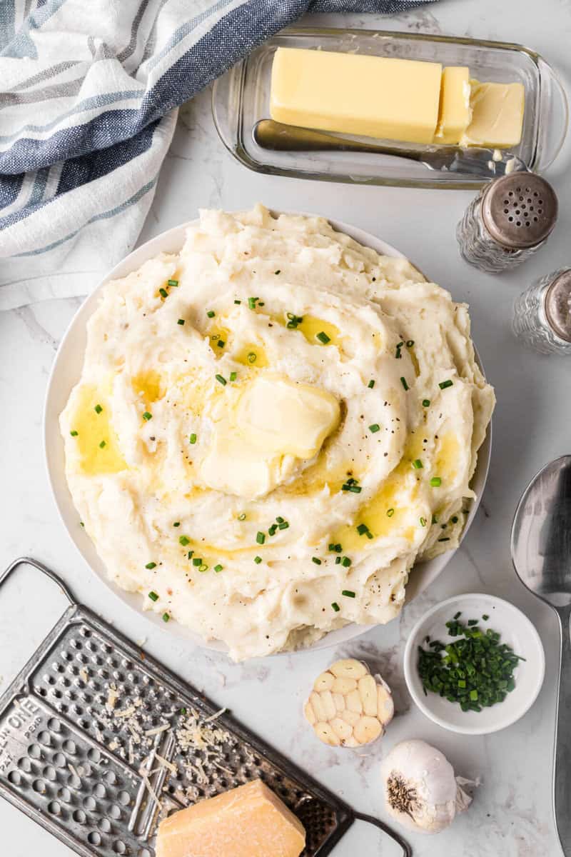 large bowl of garlic mashed potatoes.