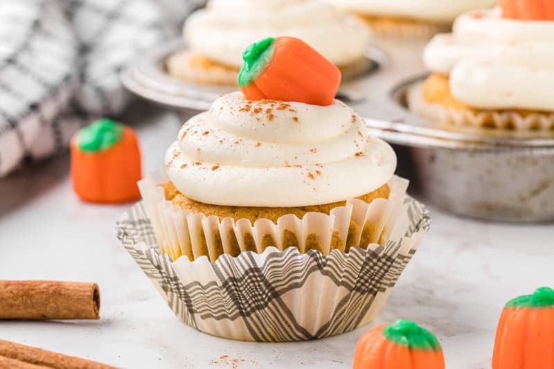closeup of a pumpkin cupcake.