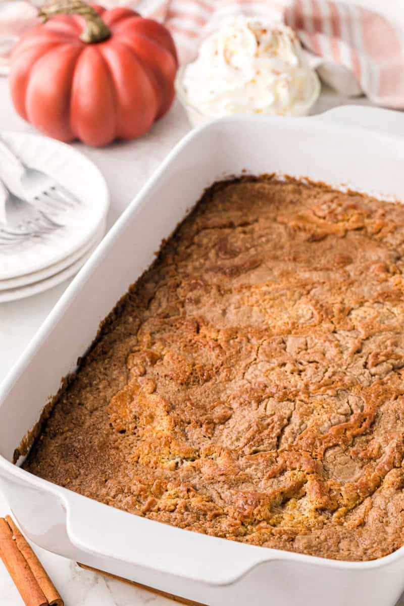 baked pumpkin spice dump cake in cake pan.
