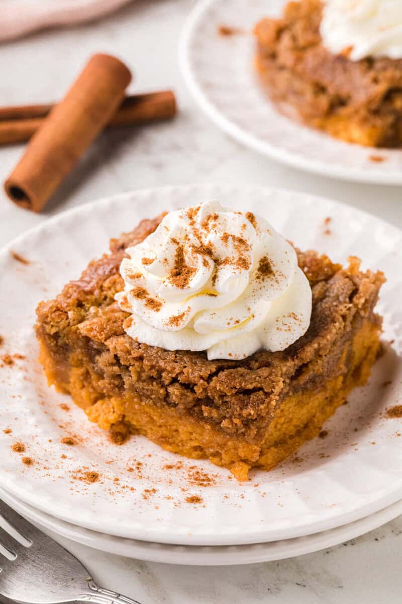 closeup of a slice of the Pumpkin Spice Dump Cake.