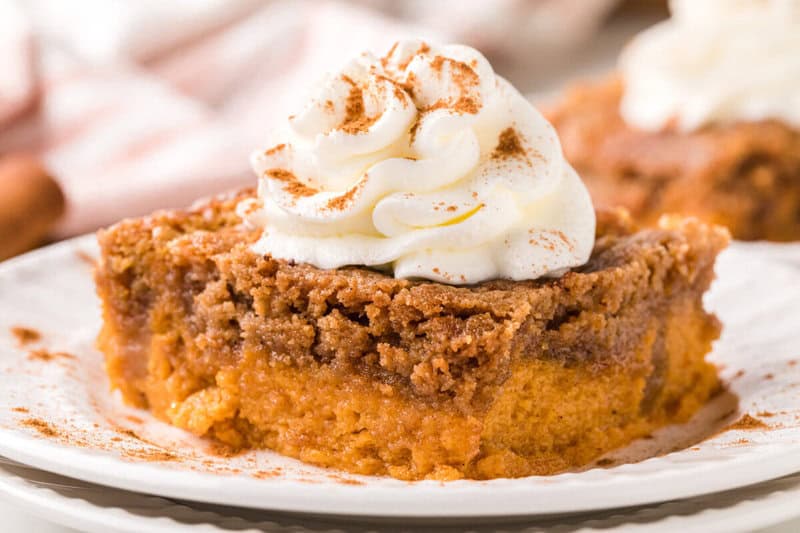 closeup of a slice of the pumpkin dump cake.