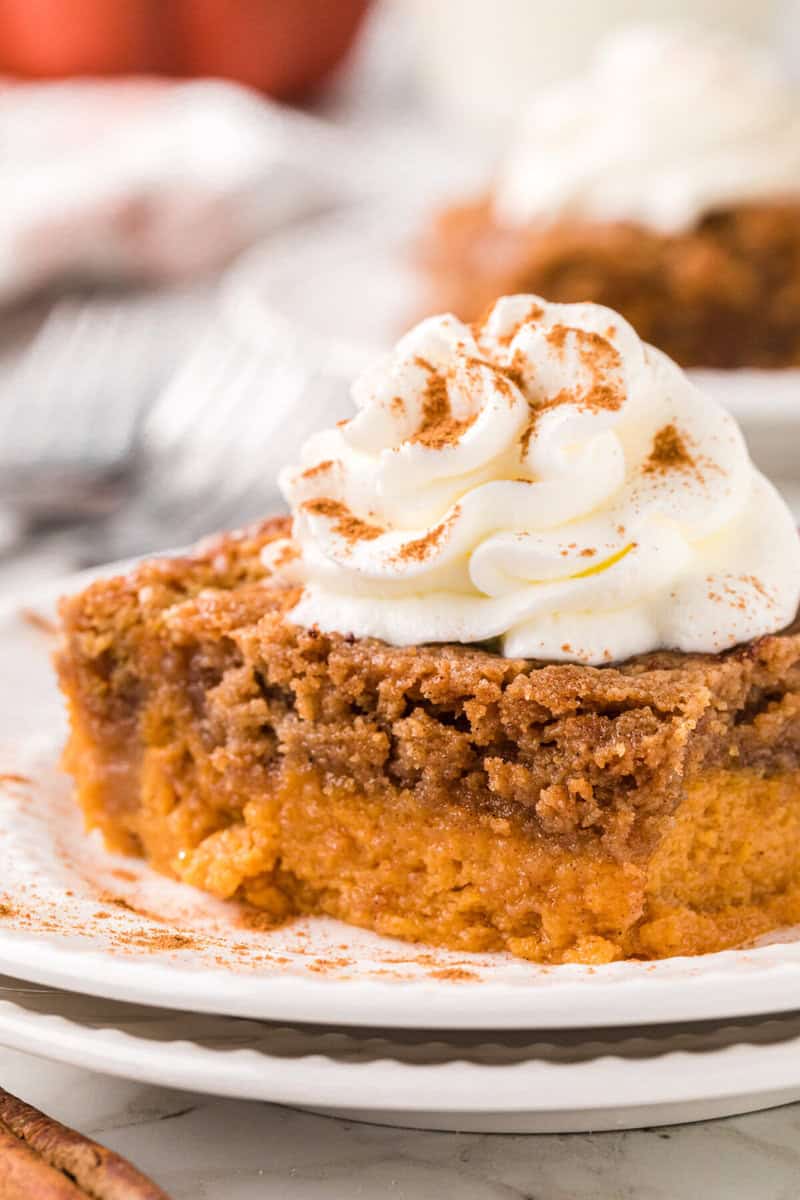 closeup of the pumpkin spice dump cake topped with whipped cream.