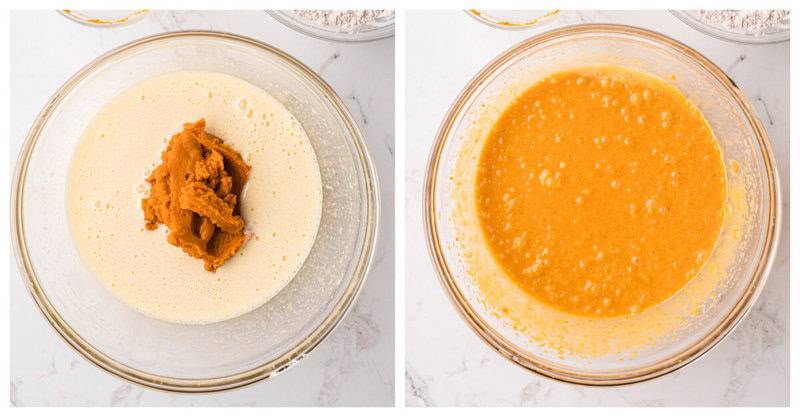 adding the pumpkin puree to the cupcake batter.