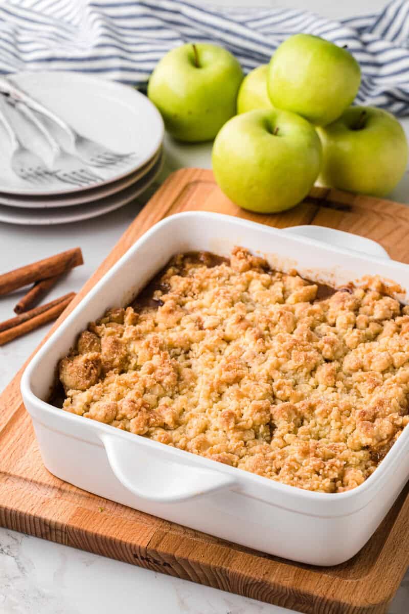 baked apple cobbler in baking dish.