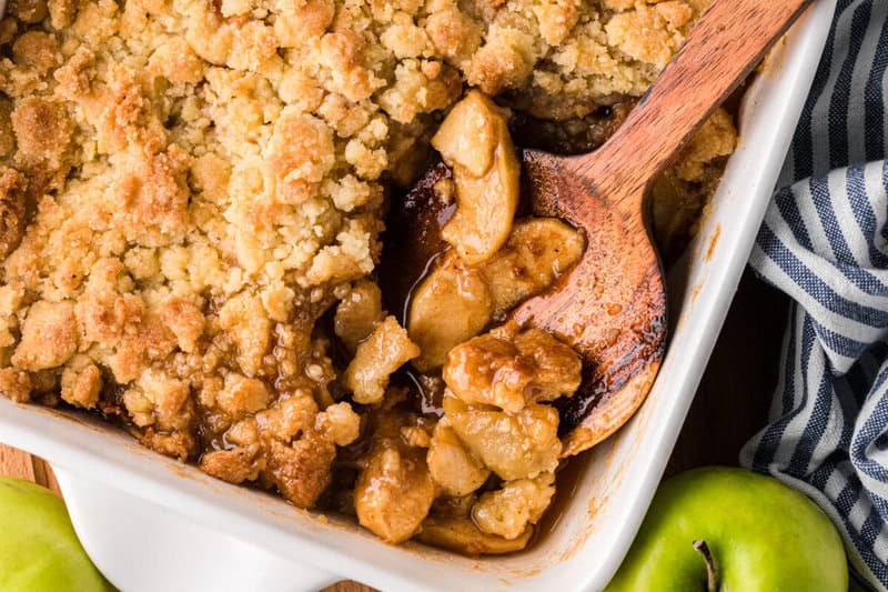closeup of the apple cobbler in the baking dish.