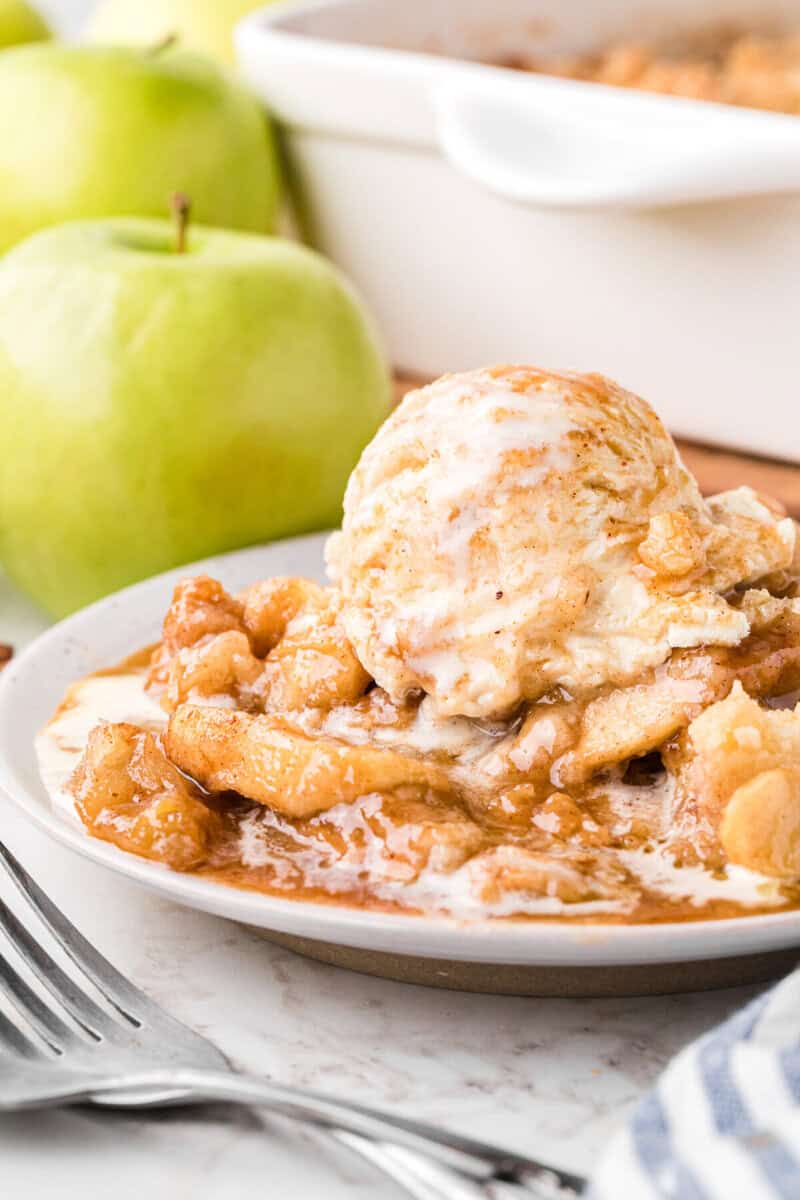 apple cobbler topped with vanilla ice cream.