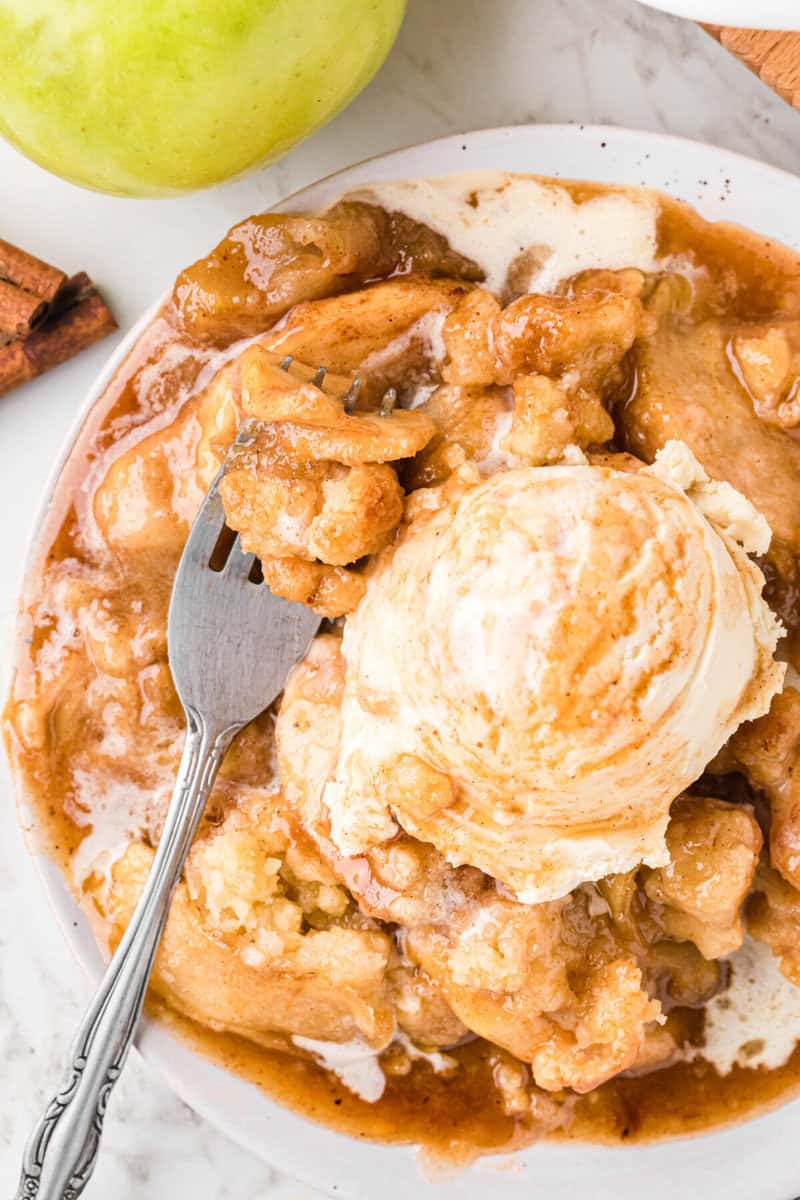 top-down view of the apple cobbler and ice cream.