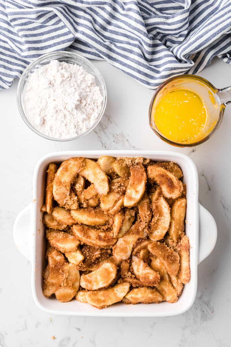 apple mixture in the bottom of the baking dish.