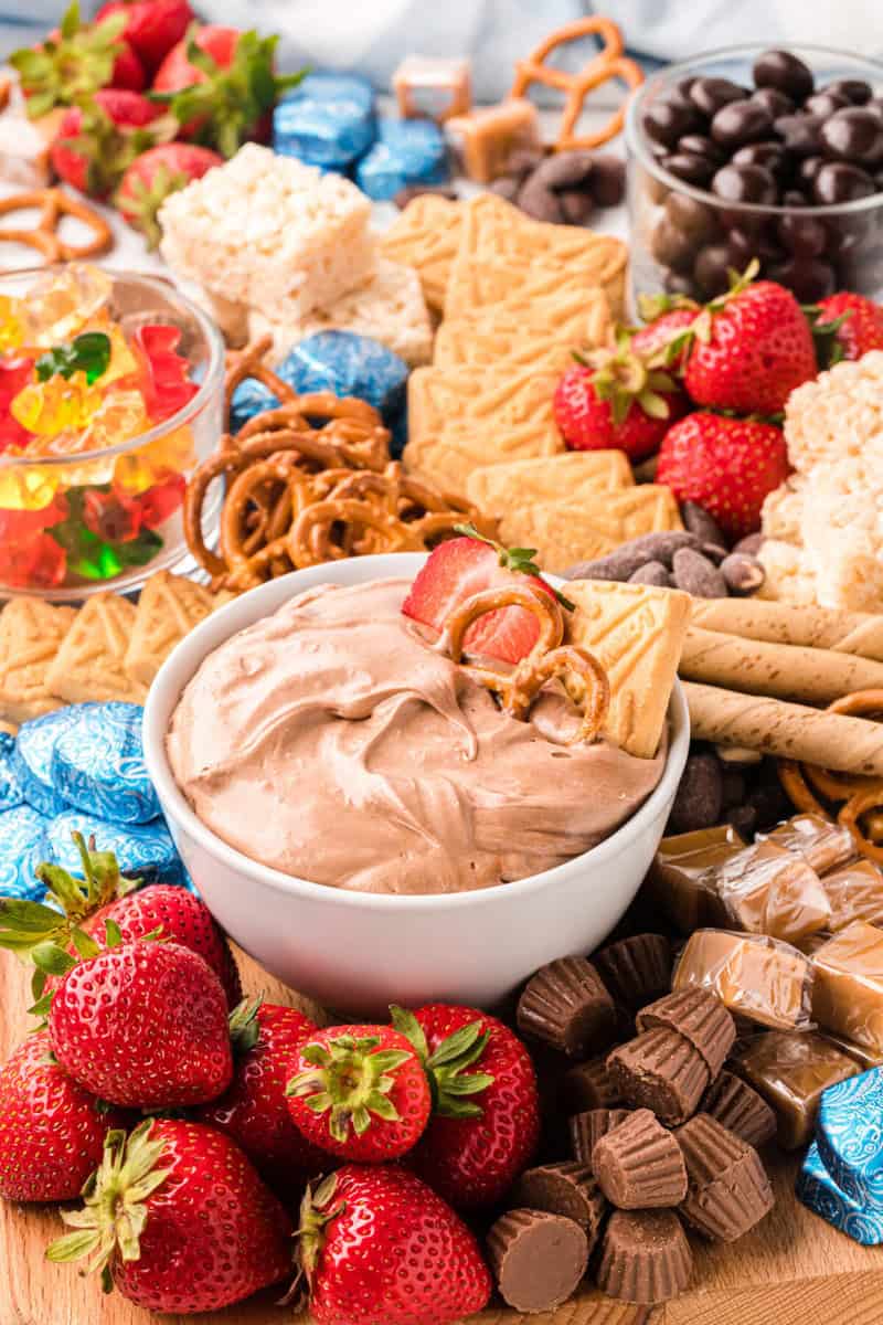 closeup of the dip on the charcuterie board.